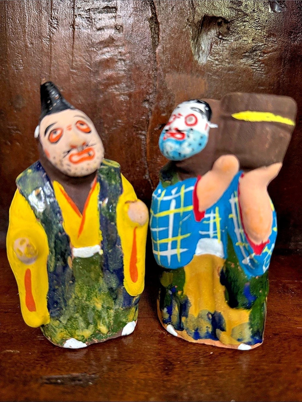 Vintage Japanese Hand-Painted Folk Art Figurines set of 2 Bitchu Kagura Dolls